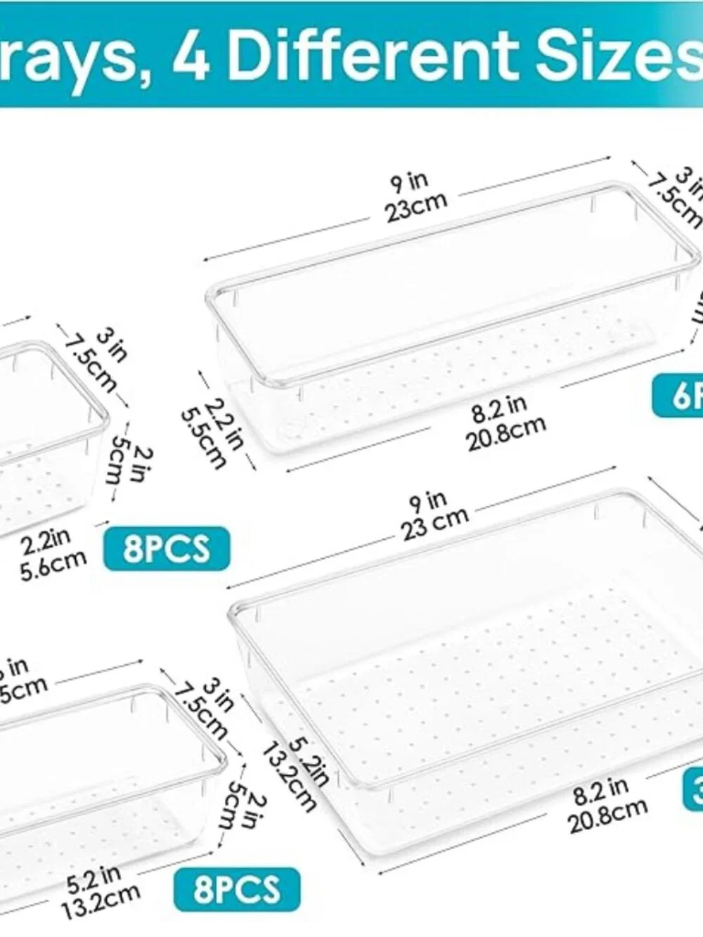 25 PCS Clear Plastic Drawer Organizers Set, 4-Size Versatile Bathroom and Vanity